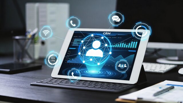 CRM software interface on digital tablet in modern office, customer relationship management system with glowing icons, business data technology