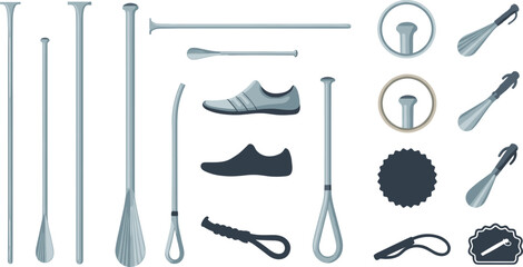 Walking Stick and Cane Accessories Vector Set with Rubber Tips Wrist Straps Replacement Parts and Shoe Support for Mobility Aid Design Police Stop