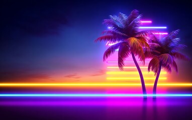 Obraz premium Neon Tropical Sunset with Palm Trees and Psychedelic Beach Vibes