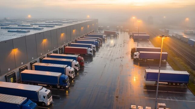 Aerial View of Trucks Parked Near Large Warehouse at Dawn with Foggy Sky and Reflections on Wet Ground in the Netherlands