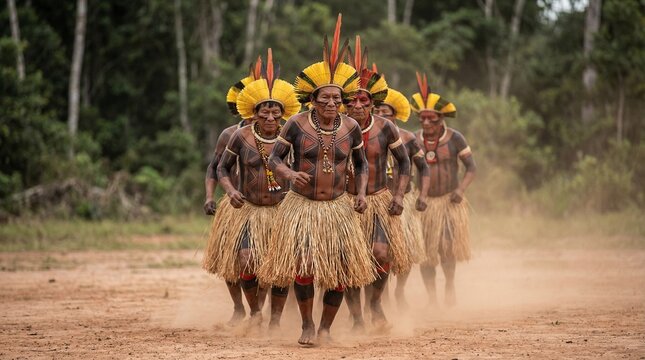 Indigenous Brazilian men performing a traditional cultural ritual with feather headdresses and geometric body paint in a natural forest setting. Authentic heritage and ancestral expression.