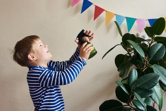 Child watering houseplant