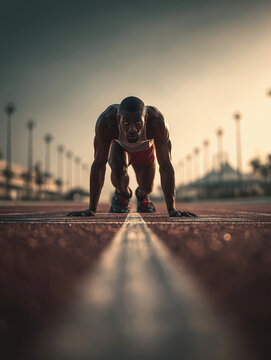 Focused Sprinter Athlete Poised at Starting Line on Track at Sunrise Preparing for Race