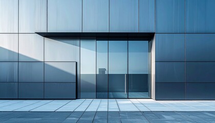 Modern architecture with glass facade and geometric design elements.