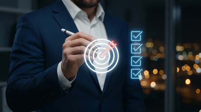 Businessman Drawing Target with Arrow and Checkboxes on Glass at Night with Bokeh Background in Blue Suit