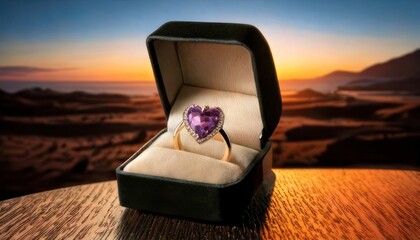 Heart-shaped amethyst ring in a box at sunset, romantic proposal.