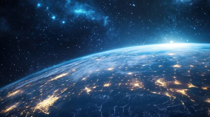 Earth Illuminated at Night with Celestial Starfield