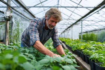 Farmer Tending Young Plants in a Commercial Greenhouse
