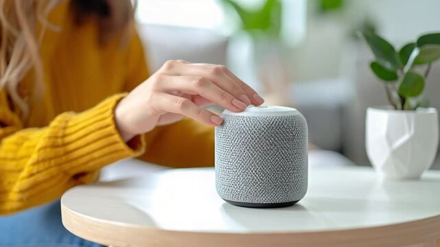 Woman's hand interacting with a smart speaker in a modern home setting