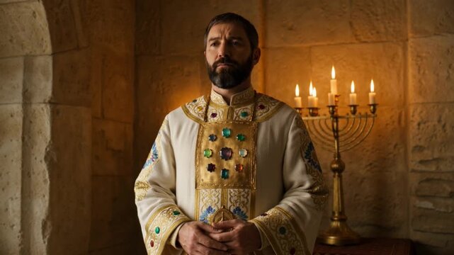 A man in traditional attire stands in a dimly lit room with a candelabra video