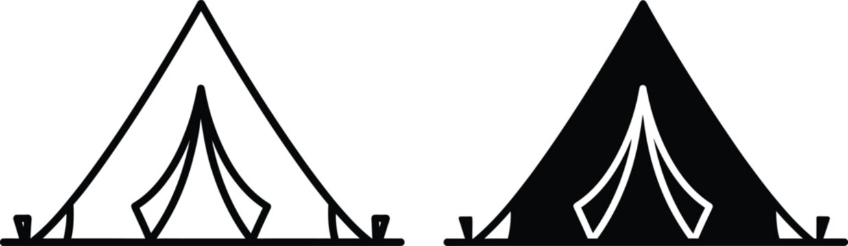 A simple black and white illustration depicts two tent shapes side by side representing camping and outdoor adventure imagery high quality