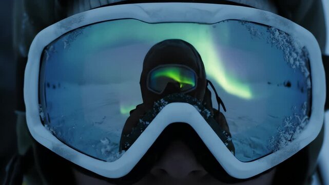 A lone traveler's frosted goggles reflect the stunning aurora borealis in a mesmerizing arctic adventure concept, capturing a journey of discovery