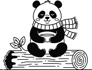 a charming illustration depicts a contented panda peacefully seated on a log enjoying a warm drink and wearing a cozy scarf © GolamKibria
