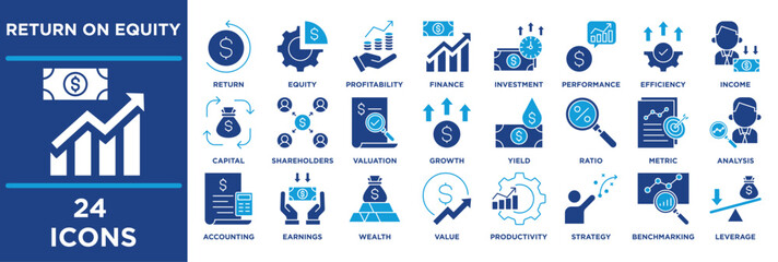 Return on Equity icon set illustrating capital, shareholders, valuation, growth, yield, ratio, metric, analysis, accounting. solid blue vector