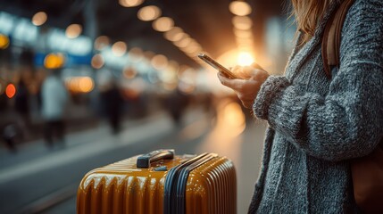 Close up of a female traveler using a mobile phone app while standing next to a yellow suitcase at a train station or airport terminal with bokeh lights