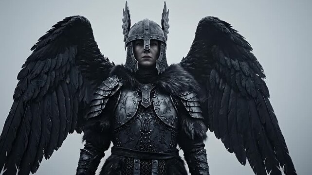 Dark armored valkyrie walking through muddy battlefield for fantasy gaming cinematic trailers with grim atmospheric fog