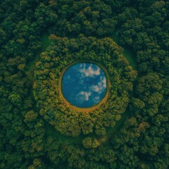 Breathtaking aerial drone shot of a perfectly round blue lake reflecting the sky and clouds, surrounded by a dense, lush green forest canopy. Nature symmetry concept
