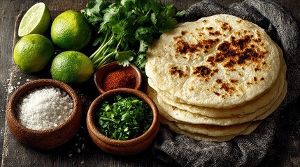 Overhead view of a stack of fresh corn tortillas, green limes, cilantro bunches, sea salt, and chili powder on a dark rustic wooden table. Authentic Mexican food ingredients