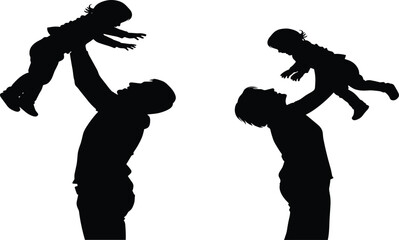 Silhouettes of happy parents father and mother lifting little children high up representing family love care and parenting joy isolated on white background