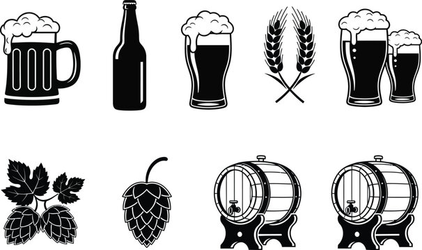 a collection of black and white illustrations depicts various beer elements including glasses bottles hops and wooden barrels high quality professional