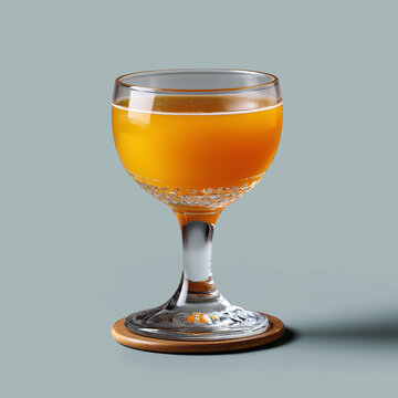Rabbits Foot Cocktail in Crystal Coupe Glass With Applejack Orange Liqueur on Neutral Background