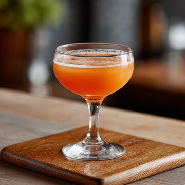 Rabbits Foot Cocktail in Coupe Glass With Applejack Rum On Wooden Board At Bar
