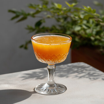 Rabbit's Foot Cocktail in Cut Glass Coupe Made With Applejack and Rum on Sunlit Table