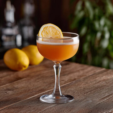 Rabbits Foot Cocktail With Lemon Garnish In Coupe Glass On Wooden Table