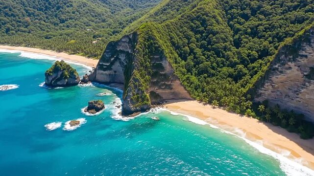 Breathtaking aerial view of a stunning tropical beach with dramatic cliffs, turquoise ocean, and lush green coastline, exotic paradise.