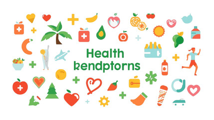 Colorful flat vector icons for health, wellness, and a balanced lifestyle. A vibrant collection featuring symbols for nutrition, fitness, nature, and overall well-being concepts