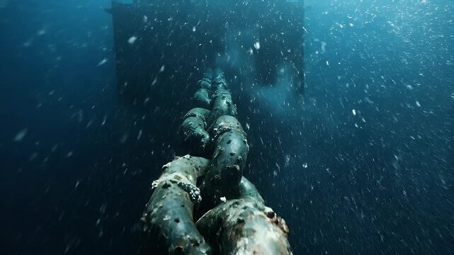Heavy rusty anchor chain submerged underwater for marine shipping industry concepts with dark cinematic lighting