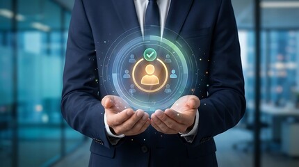 Businessman Holding Digital Icon Representation of User Personal Data Management