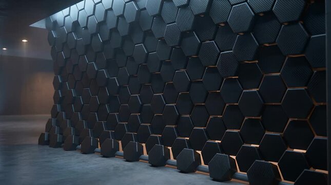 Geometric Black Hexagon Tile Wall Under Soft Lighting In An Industrial Ambience With Dark Gray Concrete Flooring