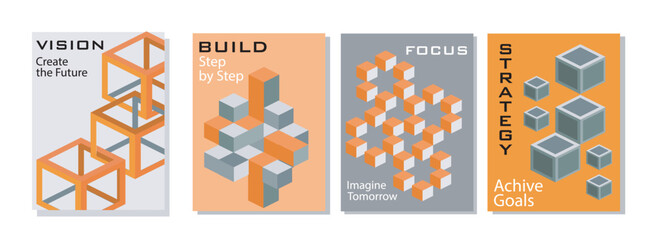 Geometric template posters set. Geometric figures and patterns. Orange and grey cubes. Abstract creativity and art objects. Flat vector collection isolated on white background © Rudzhan