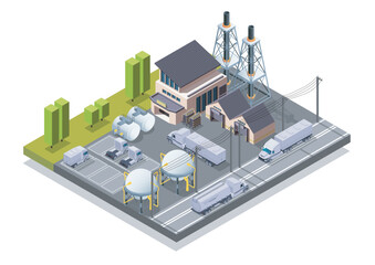 Obraz premium Industrial facility isometric. Fuel tanks and storage facilities. Transportation and logistics, shipping. Manufacturing and factory. Volumetric vector illustration