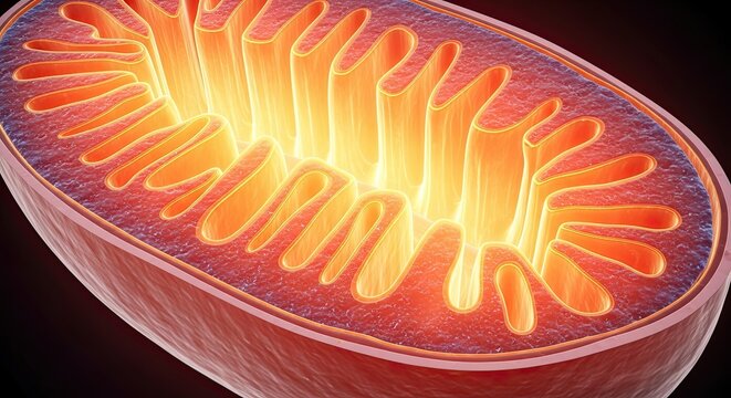 Mitochondria cell organelle glowing with inner membrane cristae cellular respiration process