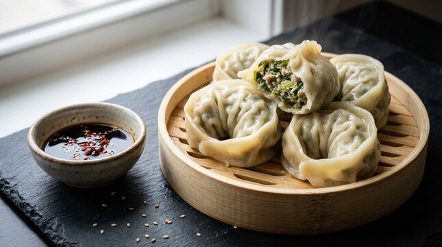 Steamed Korean Mandu Dumplings with Soy Dipping Sauce