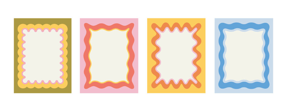 Invitations frames set. Rectangular blue, red and yellow dividers. Bundle of funky patterns. Party and event, holiday. Flat vector collection isolated on white background