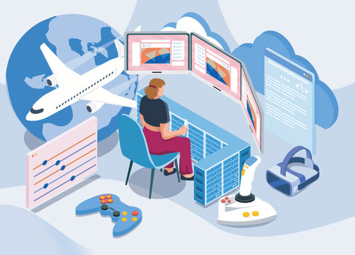 Isometric flight simulator. Woman sits in VR glasses and controls airplane. Virtual reality, cyberspace and metaverse. Gaming and entertainment. Volumetric vector illustration