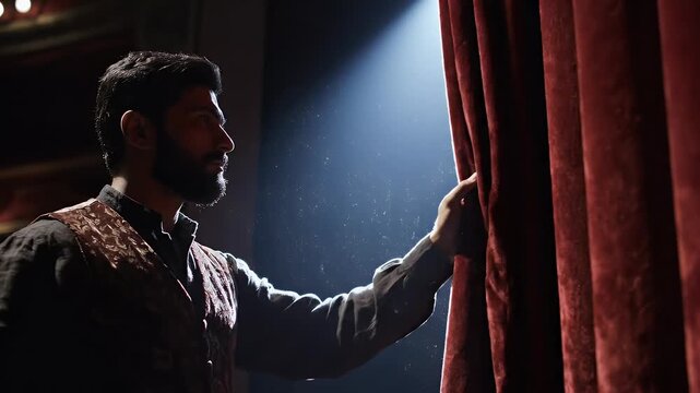 Anxious theater actor peeking through red velvet curtain for live performance anticipation with dramatic spotlight