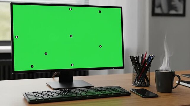 Desktop computer with green screen monitor on a modern desk in a home office or workspace with a cup of coffee.