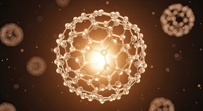 Glowing fullerene molecules in space nanotechnology concept with bright light