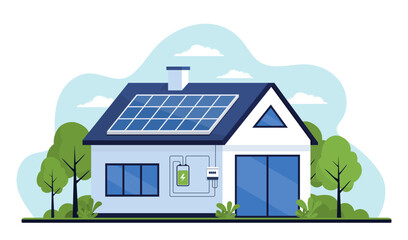 Residential building with rooftop solar panels and energy storage system. Sustainable living and green technology concept. Flat vector illustration © leskovets