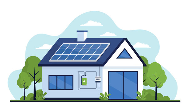 Residential building with rooftop solar panels and energy storage system. Sustainable living and green technology concept. Flat vector illustration
