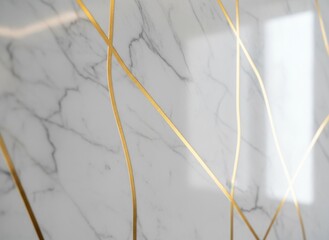 Elegant White Marble Surface With Thin Golden Veins Creating Abstract Geometric Patterns With Soft Ambient Lighting And Reflections