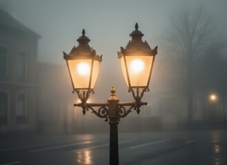 Ornate Street Lamp Illuminates Foggy Evening Street With Warm Golden Light On Wet Pavement