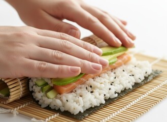 Hands Rolling Sushi With Salmon Avocado Cucumber Rice and Sesame Seeds on Bamboo Mat White Background