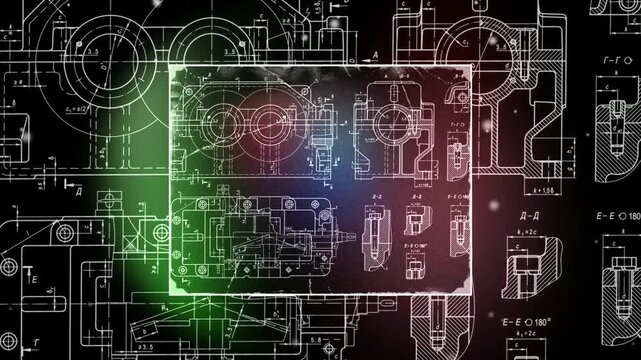 Video animation with assembly drawing of reducer, motor, gearbox, engine, worm gear. Animated motion effect. Engineering technical design of mechanical part  of construction machine. 