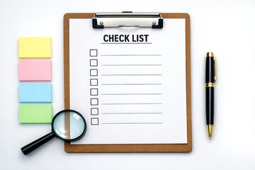 クリップボードのチェックリストと色鮮やかな付箋に虫眼鏡とペンが置かれた無人の俯瞰写真