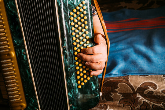 Musician playing accordion with vibrant background at home